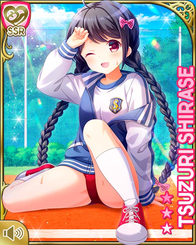 1girl, ;d, ahoge, bare_legs, black_hair, bow, buruma, card_(medium)