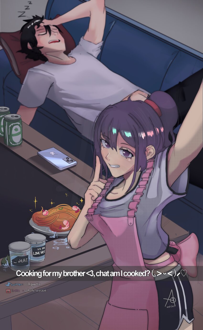 1boy, 1girl, a.quartz, absurdres, apron, beer_can, black_hair, black_shorts, breasts, brother_and_sister, can, cellphone, coffee_table, commentary, couch, cup, disposable_cup, drink_can, english_commentary, english_text, finger_to_mouth, food, grey_shirt, hair_tie, hand_on_own_forehead, highres, implied_incest, instagram_username, lips, looking_at_viewer, medium_hair, on_couch, open_mouth, pasta, phone, pink_apron, pink_ribbon, ponytail, purple_eyes, purple_hair, ribbon, selfie, shirt, short_hair, shorts, shushing, siblings, signature, sleeping, small_breasts, smile, solo_leveling, spaghetti, suggestive_fluid, sung_jin-ah, sung_jin-woo, table, teeth, twitter_username, upper_teeth_only, waist_ribbon, zzz