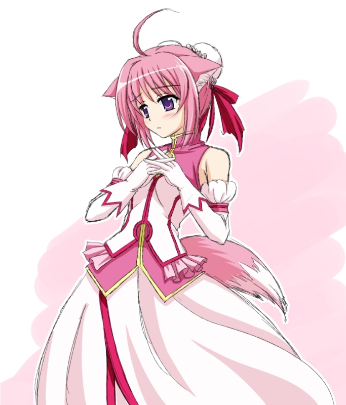 10s, 1girl, ahoge, animal_ears, bad_id, bad_pixiv_id, bare_shoulders, bun_cover, dog_days, dog_ears, dog_girl, dog_tail, dress, female_focus, gloves, hair_bun, ishida_seito, millhiore_f._biscotti, own_hands_together, pink_hair, purple_eyes, single_hair_bun, solo, tail, vfenster, worried