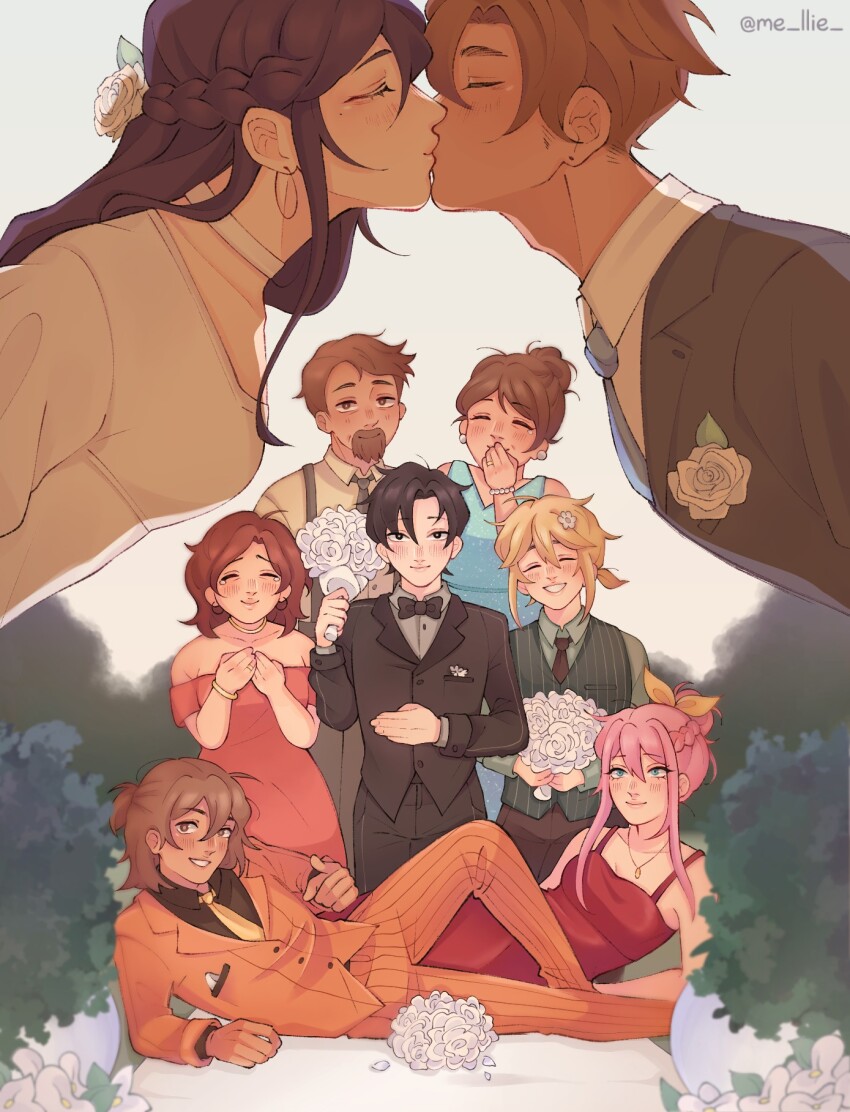 4girls, 5boys, alternate_costume, alternate_hairstyle, aubrey_(faraway)_(omori), aubrey_(omori), bare_shoulders, basil_(faraway)_(omori)