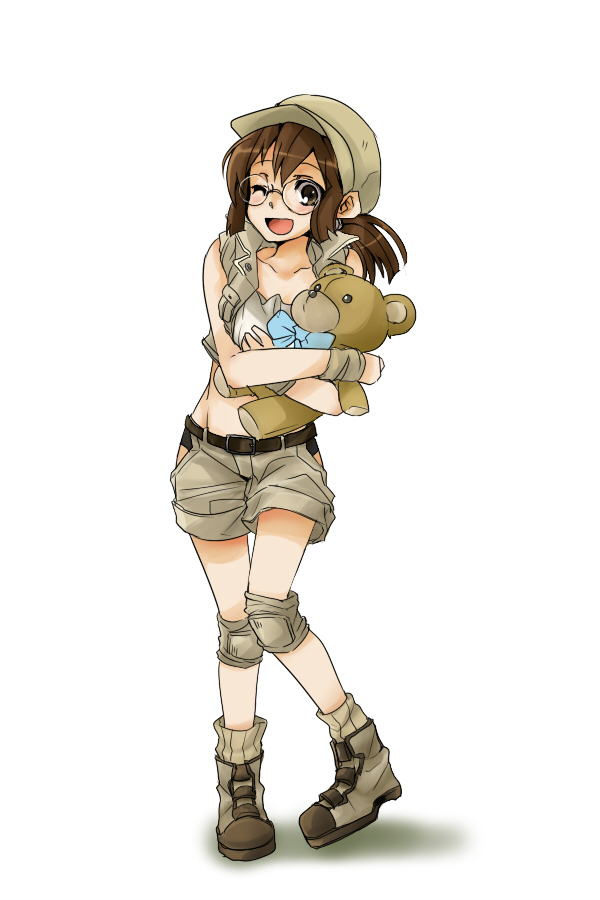 1girl, 6_(yuchae), baseball_cap, belt, blush, boots, brown_eyes, brown_hair