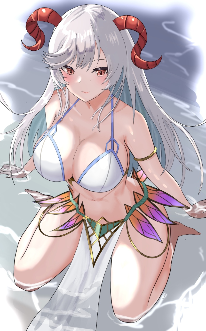 1girl, absurdres, armlet, bikini, breasts, cleavage, closed_mouth, fire_emblem, fire_emblem_heroes, freyja_(fire_emblem), freyja_(summer)_(fire_emblem), goat_horns, grey_hair, highres, horns, jewelry, large_breasts, long_hair, looking_at_viewer, navel, nintendo, official_alternate_costume, partially_submerged, pelvic_curtain, red_eyes, seiza, sitting, smile, solo, swept_bangs, swimsuit, tarutaru193