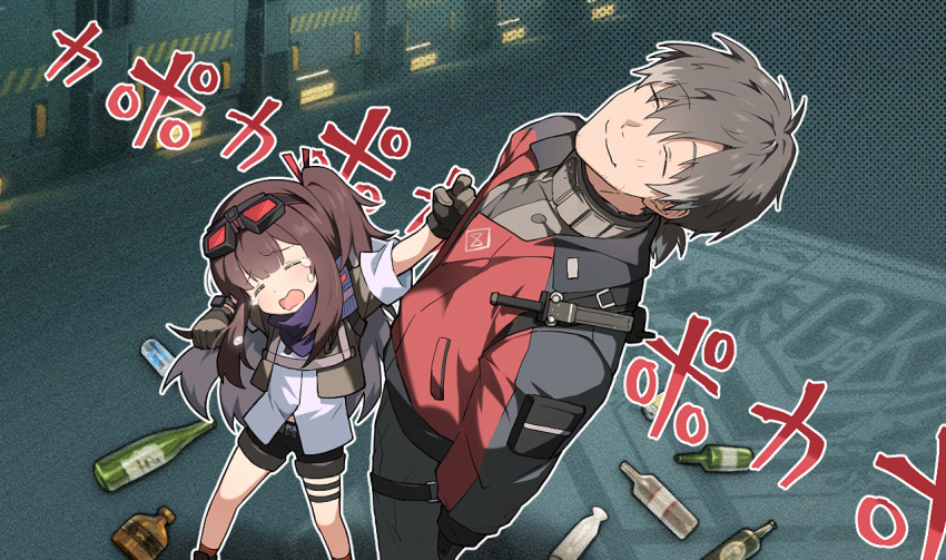 1boy, 1girl, black_gloves, black_hair, black_pants, black_shorts, bottle, brown_hair