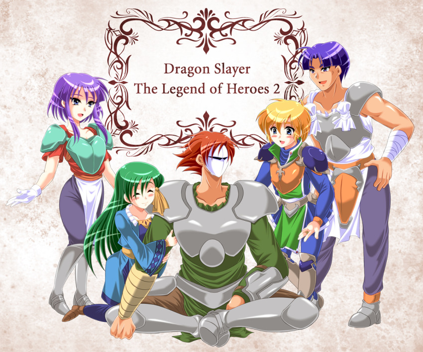 armor, blonde_hair, blue_eyes, blush, breasts, brown_footwear, character_request, cleavage