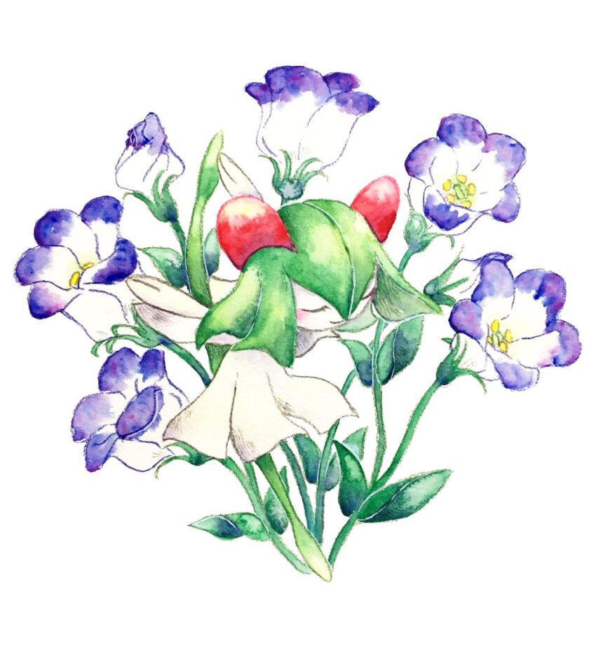 chako_(parusminor30), closed_eyes, colored_skin, floral_background, flower, gen_3_pokemon, green_hair, green_skin