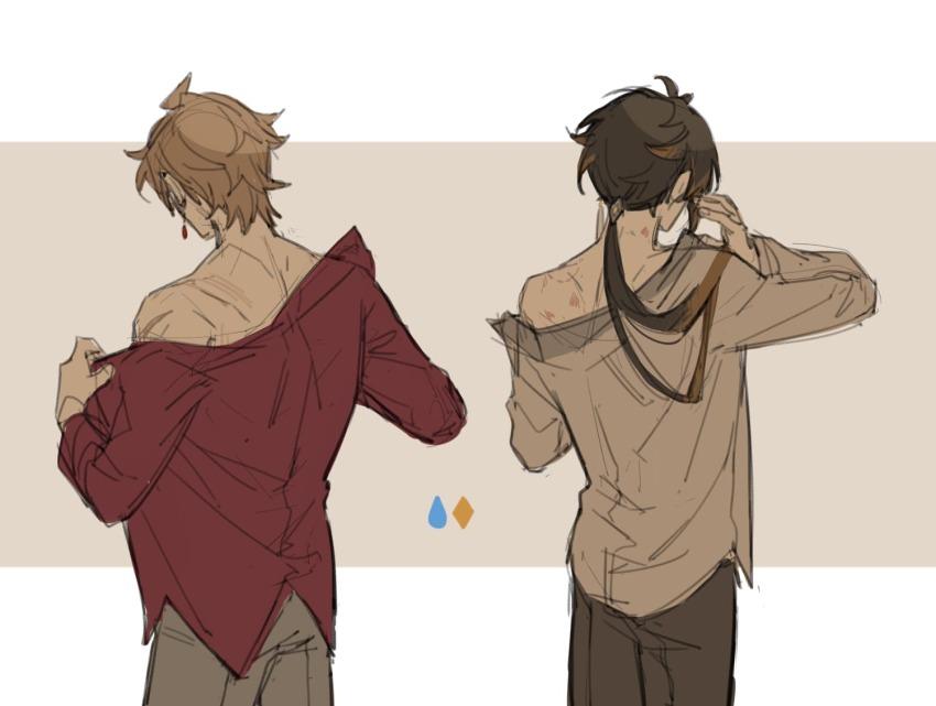 2boys, adjusting_clothes, akabane_yu, from_behind, genshin_impact, hickey, hickeys_on_neck, multiple_boys