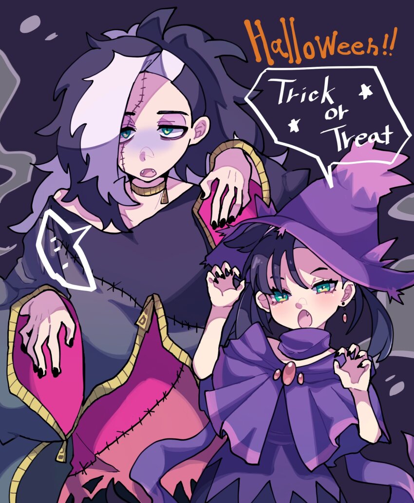 1boy, 1girl, asymmetrical_bangs, asymmetrical_hair, banette, black_background, black_hair, black_nails