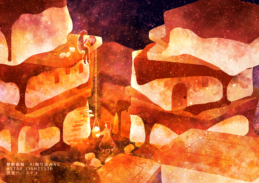 2girls, brown_hair, bucket, dress, food, food_focus, graham_cracker, grey_dress