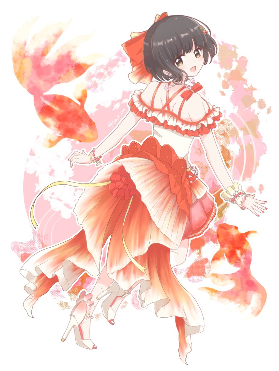 1girl, :d, animal_print, black_hair, blush, bow, bracelet, brown_eyes