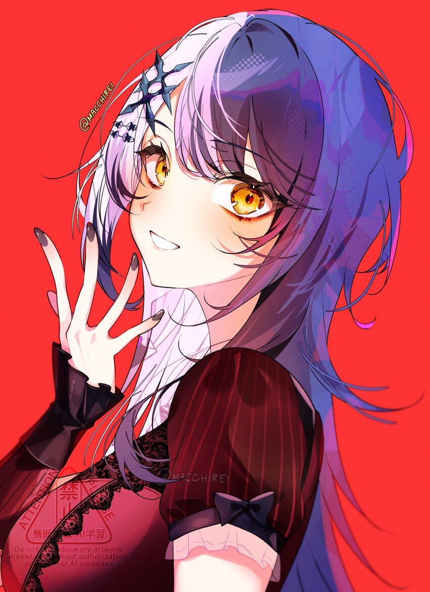 1girl, absurdres, black_bow, black_nails, bow, dress, from_side, grey_hair