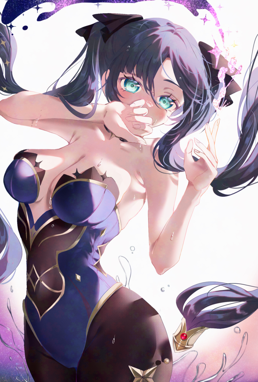 1girl, aqua_eyes, bare_shoulders, black_hair, black_pantyhose, blue_leotard, bob_628, breasts, cleavage, collarbone, commentary_request, covered_mouth, cowboy_shot, eyelashes, genshin_impact, groin, hair_between_eyes, hair_tubes, hands_up, highleg, highleg_leotard, highres, large_breasts, leotard, long_hair, looking_at_viewer, metal_hair_tubes, mona_(genshin_impact), missing_headwear, pantyhose, solo, standing, twintails, white_background