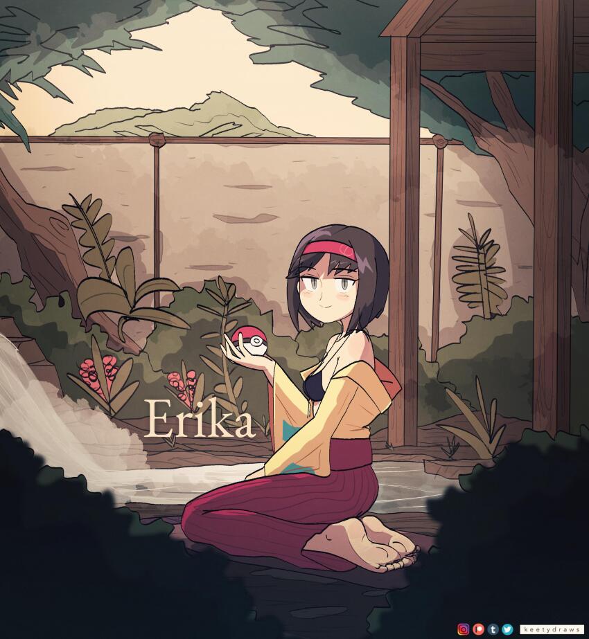 1girl, absurdres, artist_name, bare_shoulders, barefoot, black_bra, black_hair, blush, bob_cut, bra, breasts, bush, character_name, closed_mouth, day, erika_(pokemon), flower, foliage, from_side, furisode_sleeves, grey_eyes, grey_sky, hairband, hakama, hakama_skirt, hand_on_lap, hand_up, highres, holding, holding_poke_ball, instagram_logo, japanese_clothes, keetydraws, kimono, kneeling, looking_at_viewer, looking_to_the_side, mountainous_horizon, nintendo, off_shoulder, onsen, open_clothes, open_kimono, outdoors, paid_reward_available, paper_wall, patreon_logo, pink_flower, plant, poke_ball, poke_ball_(basic), pokemon, pokemon_firered_and_leafgreen, red_hairband, red_skirt, short_hair, skirt, sky, small_breasts, smile, soles, solo, steam, toes, tree, tumblr_logo, twitter_logo, underwear, water, waterfall, wide_sleeves, yellow_kimono