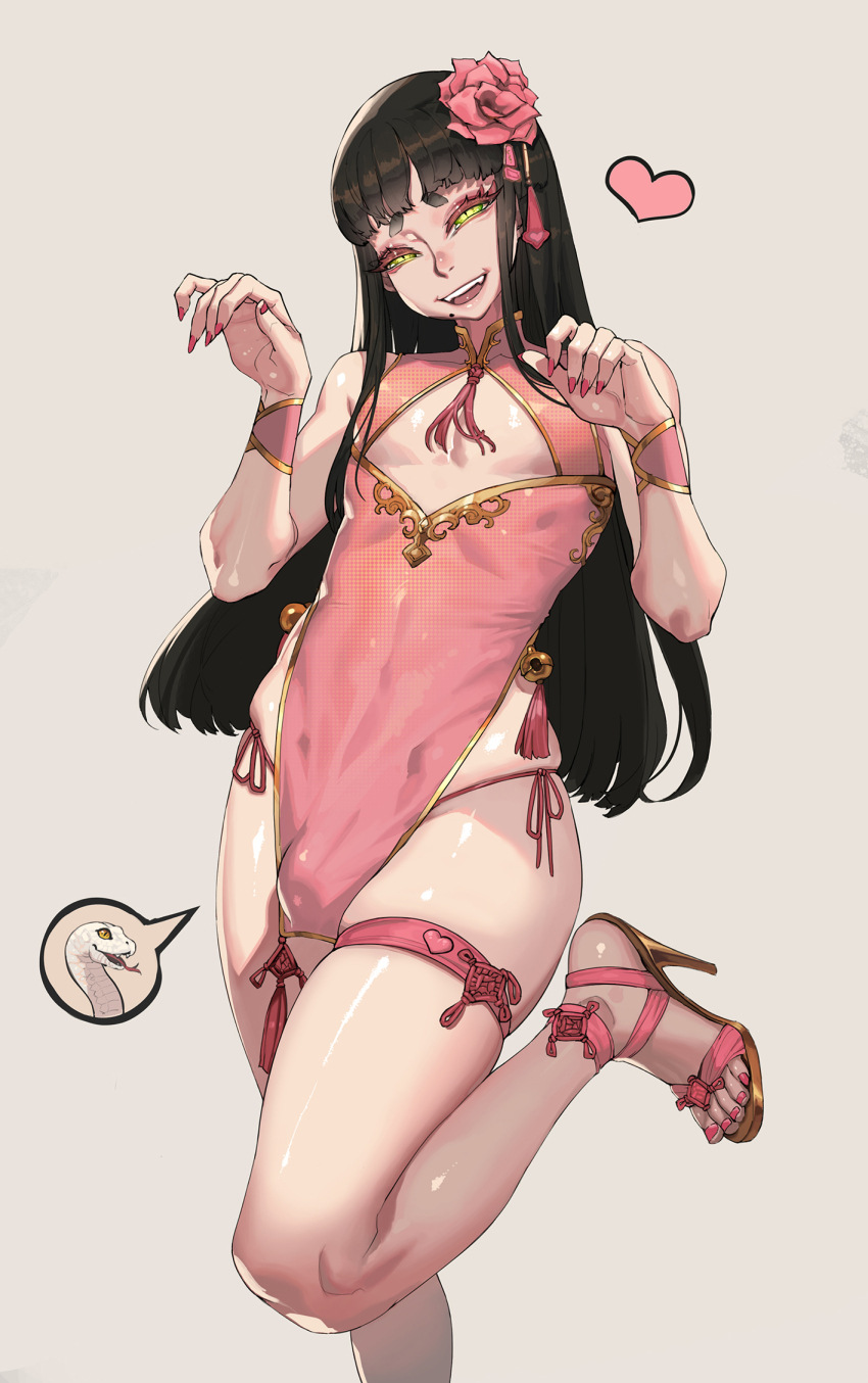 1boy, anklet, armpit_crease, bell, black_hair, bow, bow_panties, bracelet, bulge, china_dress, chinese_clothes, chinese_zodiac, cleavage_cutout, clothing_cutout, commentary, covered_collarbone, dress, eyelashes, fingernails, flower, flower_on_head, g-string, gold_trim, gradient_eyes, green_eyes, grey_background, hair_flower, hair_ornament, half-closed_eyes, head_tilt, heart, high_heel_sandals, high_heels, highres, hikimayu, jeffr, jewelry, jingle_bell, leg_up, long_fingernails, long_hair, looking_at_viewer, male_focus, mole, mole_under_mouth, multicolored_eyes, nose, open_mouth, original, panties, pink_anklet, pink_dress, pink_nails, pink_ribbon, pink_sandals, pink_straps, revealing_clothes, ribbon, sandals, shiny_skin, sidelocks, simple_background, skindentation, sleeveless, smile, snake_boy, solo, spoken_animal, standing, standing_on_one_leg, straight_hair, teeth, thick_eyebrows, thigh_strap, thighs, thong, toned, toned_male, tongue, trap, two-tone_eyes, underwear, untranslatable_commentary, year_of_the_snake, yellow_eyes