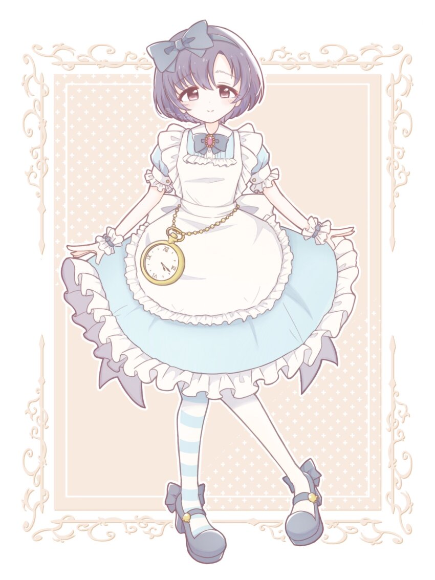 1girl, absurdres, alice_(alice_in_wonderland), alice_(alice_in_wonderland)_(cosplay), alice's_adventures_in_wonderland, apron, asymmetrical_pantyhose, black_shoes, blue_bow, blue_bowtie, blue_dress, blue_hairband, bow, bowtie, chain, clock, closed_mouth, coa_co_coa, cosplay, dot_nose, dress, forehead, frilled_dress, frills, full_body, gold_chain, hairband, highres, idolmaster, idolmaster_cinderella_girls, idolmaster_cinderella_girls_starlight_stage, light_blush, light_smile, looking_at_viewer, mary_janes, pantyhose, parted_bangs, puffy_short_sleeves, puffy_sleeves, purple_eyes, shiragiku_hotaru, shoes, short_hair, short_sleeves, sidelocks, solo, standing, straight-on, striped_clothes, striped_pantyhose, waist_bow, white_apron, white_pantyhose, white_wrist_cuffs, wrist_cuffs