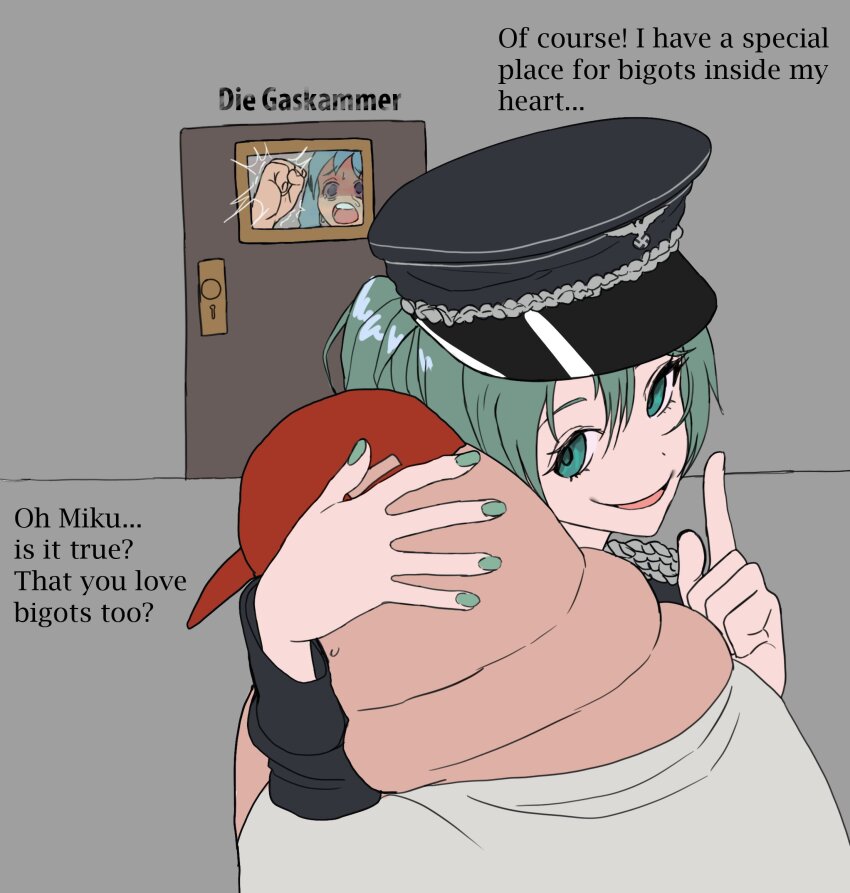 1boy, 2girls, aqua_eyes, aqua_hair, aqua_nails, commentary, door, english_commentary