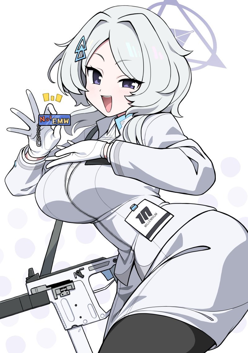 1girl, :d, black_pantyhose, blue_archive, breasts, collared_shirt, dress_shirt, gloves