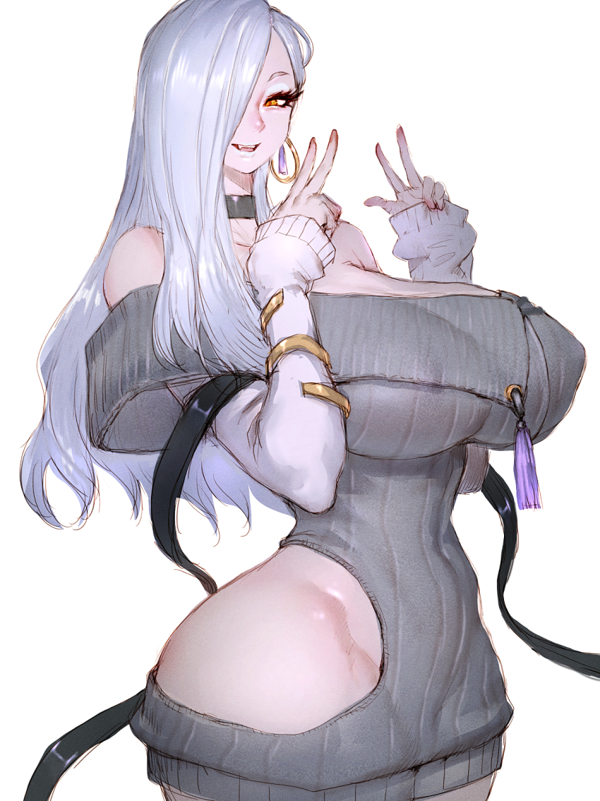 1girl, bare_shoulders, blue_eyeshadow, blue_lips, breasts, choker, clothing_cutout, collarbone, dress, earrings, eyeliner, eyeshadow, fate/grand_order, fate_(series), fumio_(rsqkr), grey_dress, hair_over_one_eye, highres, hip_vent, hoop_earrings, jacket, jewelry, large_breasts, long_hair, looking_at_viewer, makeup, hebi_nyoubou_(fate), off_shoulder, ribbed_dress, smile, solo, sweater, sweater_dress, tassel, temporal_hairline, white_hair, white_jacket, yellow_eyes