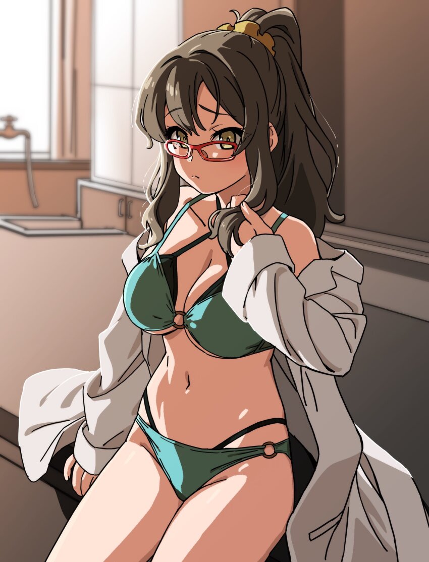 1girl, arm_support, bare_shoulders, bikini, breasts, brown_eyes, brown_hair, cleavage