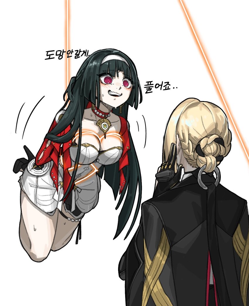 2girls, @_@, astra_yao, black_hair, blonde_hair, blush, bound, breasts, cleavage, dress, evelyn_chevalier, gwongiyeon67479, hairband, high_heels, highres, jacket, jacket_on_shoulders, long_hair, multiple_girls, red_eyes, shibari, suspension, sweat, white_dress, white_hairband, zenless_zone_zero