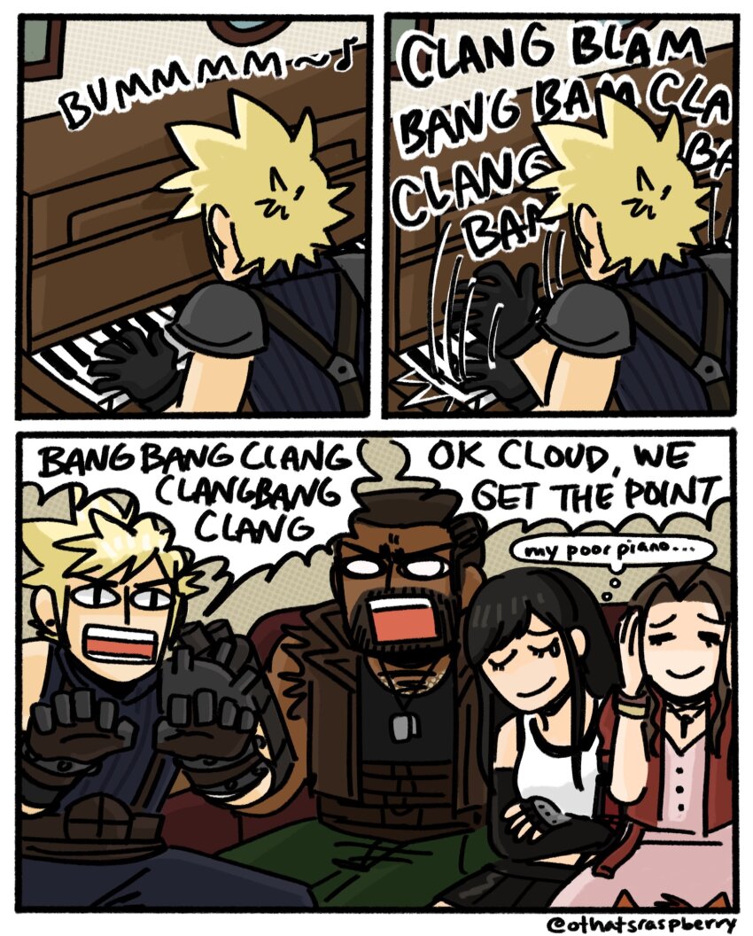 2boys, 2girls, aerith_gainsborough, armor, armored_gloves, barret_wallace, beard, belt