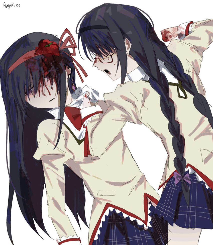 2girls, aayoii_00, akemi_homura, black_hair, blood, blood_in_hair, blood_on_hands, blue_skirt