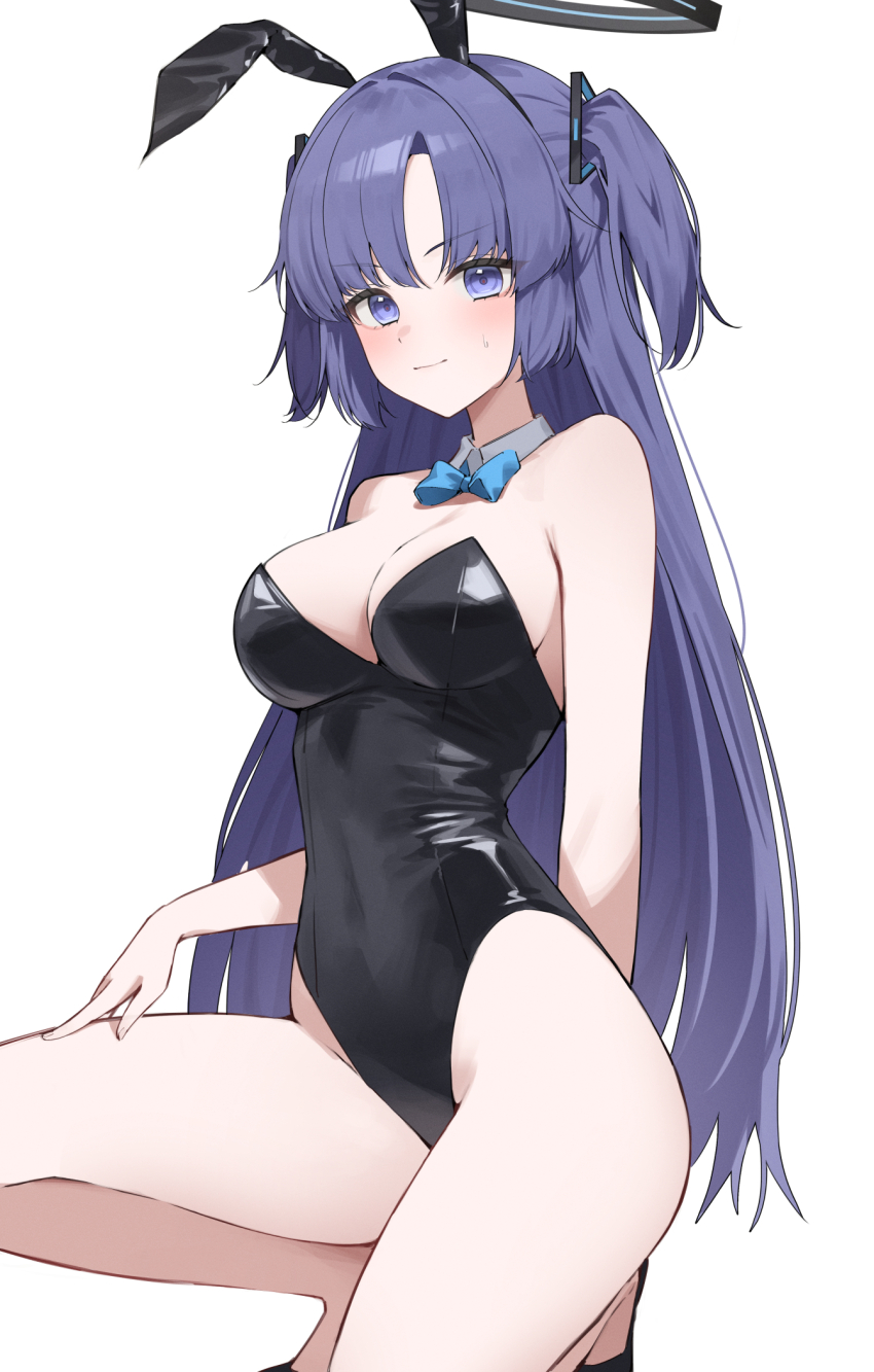 1girl, alternate_costume, animal_ear_hairband, animal_ears, bare_shoulders, black_halo, black_leotard, blue_archive