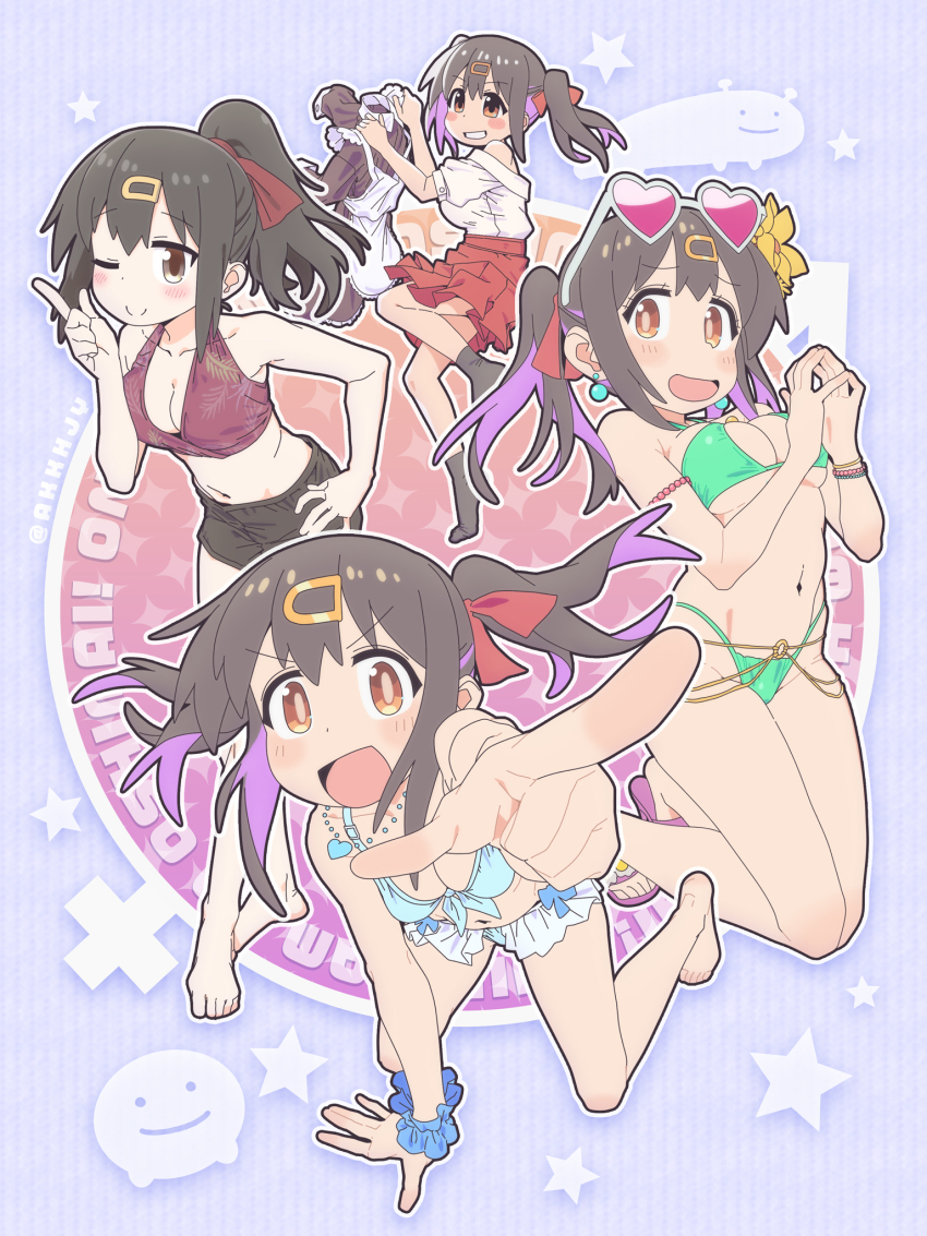 1girl, :d, ;), ankle_socks, apron, arm_support, bare_arms, bare_shoulders