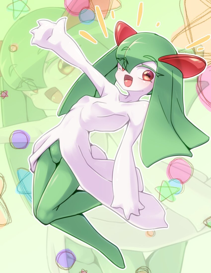 1girl, blush, colored_skin, gen_3_pokemon, green_hair, green_skin, hair_over_one_eye, highres