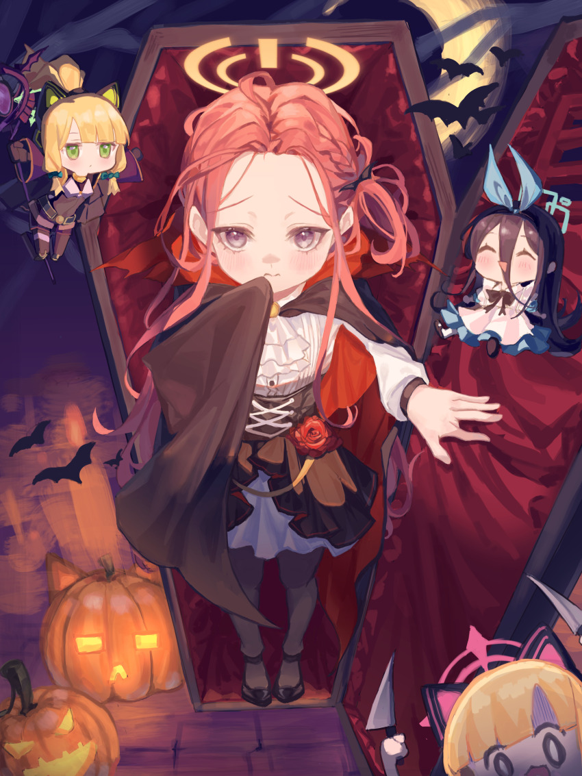 4girls, absurdres, alice_(alice_in_wonderland), alice_(alice_in_wonderland)_(cosplay), animal_ear_headphones, animal_ears, aris_(blue_archive), bat_(animal)