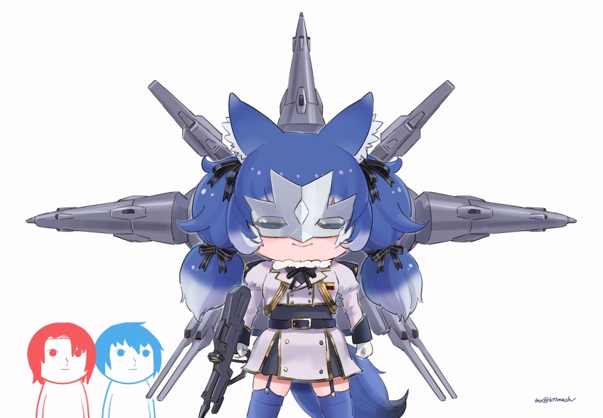 1girl, 2boys, animal_ears, athrun_zala, beleven, belt, blue_hair, cosplay, dire_wolf_(kemono_friends), extra_ears, garter_straps, gloves, gundam, gundam_seed, highres, jacket, kemono_friends, kemono_friends_v_project, kira_yamato, long_hair, looking_at_viewer, mask, multiple_boys, rau_le_creuset, rau_le_creuset_(cosplay), ribbon, simple_background, skirt, tail, thighhighs, twintails, virtual_youtuber, weapon
