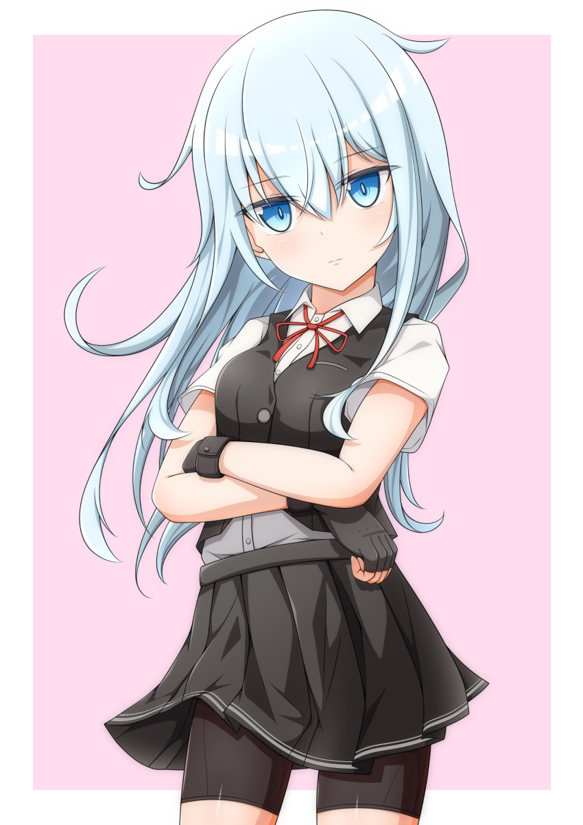 bell_shireikan, bike_shorts, bike_shorts_under_skirt, black_gloves, black_shorts, black_skirt, black_vest, blue_eyes