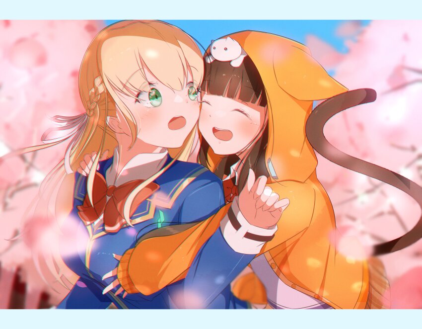 2girls, absurdres, animal, animal_on_head, asakura_karen_(heaven_burns_red), black_hair, blonde_hair, blue_jacket, blush, bow, braid, breasts, closed_eyes, flower, green_eyes, hair_ribbon, half_up_braid, hand_on_another's_shoulder, happy, heaven_burns_red, highres, hood, hood_up, hooded_jacket, hug, hug_from_behind, jacket, kamakamapoke, long_hair, long_sleeves, looking_back, multiple_girls, on_head, outdoors, pink_flower, red_bow, ribbon, shirt, tail, toujou_tsukasa, twintails, white_ribbon, yuri
