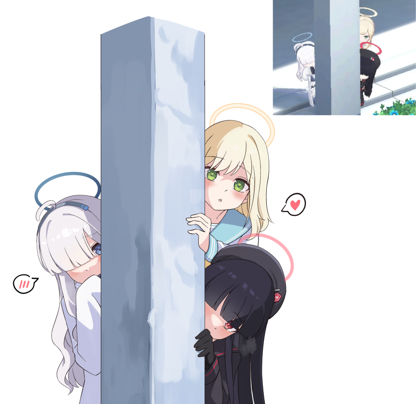 3girls, absurdres, black_gloves, black_hair, black_hat, black_sailor_collar, black_shirt, blonde_hair