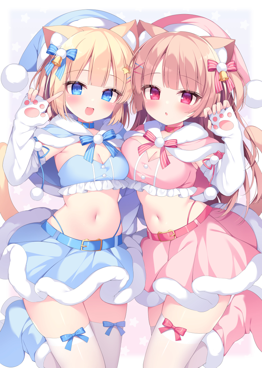 2girls, :d, :o, absurdres, animal_ear_fluff, animal_ears, animal_hands, belt