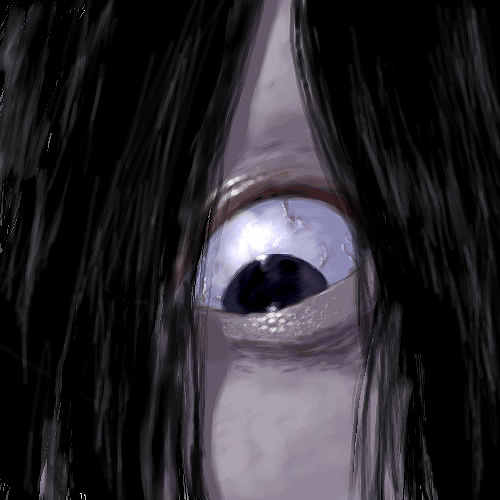1girl, black_hair, close-up, creepy, eye_focus, female_focus, funbolt, hair_over_one_eye, horror_(theme), lowres, solo, staring, the_ring, unko_tarou, yamamura_sadako