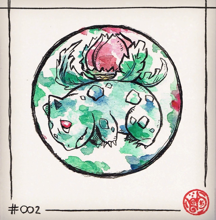 animal_focus, claws, commentary, fangs, from_side, full_body, gen_1_pokemon, highres, inktober, ivysaur, meriimerodii, nintendo, no_humans, painting_(medium), pokedex_number, pokemon, pokemon_(creature), red_eyes, simple_background, solo, traditional_media, watercolor_(medium)