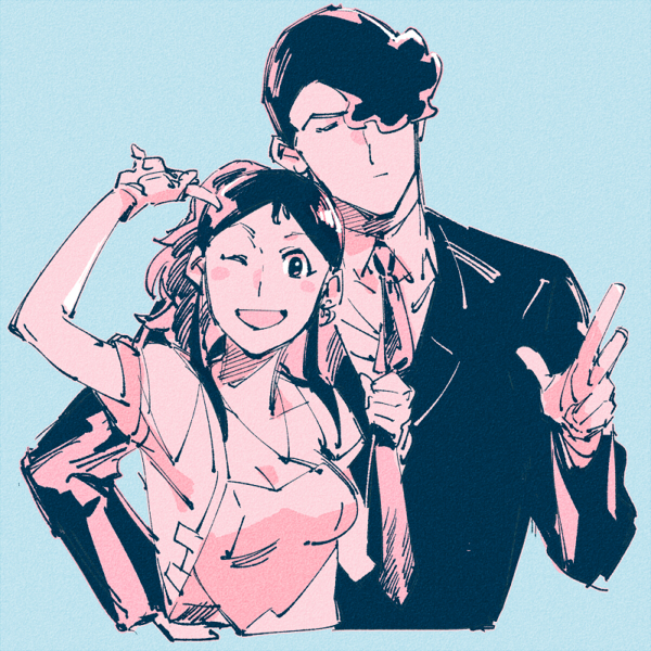 1boy, 1girl, alternate_hairstyle, black_hair, breasts, cleavage, clothes_grab, coat