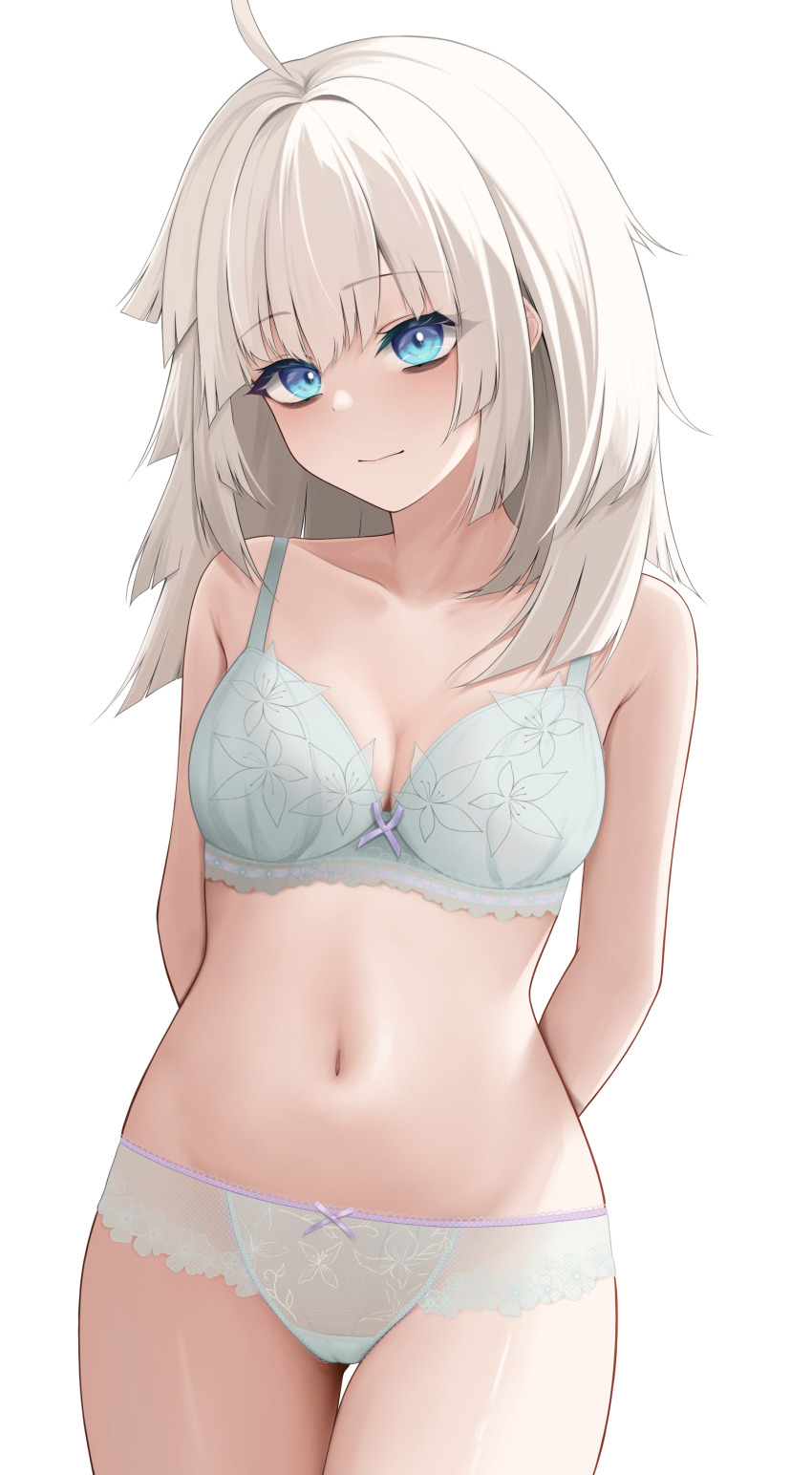 1girl, aa-12_(girls'_frontline), absurdres, ahoge, arms_behind_back, blue_eyes, breasts, cameltoe, cleavage, closed_mouth, codename696, collarbone, commentary_request, girls'_frontline, highres, lingerie, long_hair, looking_at_viewer, simple_background, stomach, underwear, underwear_only, white_background, white_hair