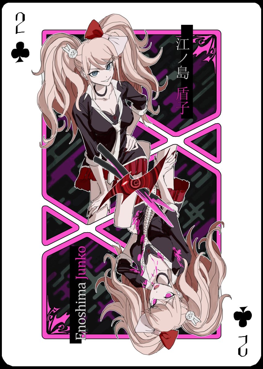 1girl, absurdres, black_shirt, blonde_hair, blood, blue_eyes, breasts, card_(medium), character_name, cleavage, collarbone, cosplay, danganronpa:_trigger_happy_havoc, danganronpa_(series), enoshima_junko, enoshima_junko_(cosplay), hair_ornament, hand_on_own_hip, highres, hua_ze_you, ikusaba_mukuro, large_breasts, leaning_forward, looking_at_viewer, miniskirt, multiple_views, nail_polish, pink_blood, pink_eyes, polka_dot_necktie, rabbit_hair_ornament, red_eyes, red_nails, red_skirt, shirt, skirt, smile, translation_request, twintails, white_background