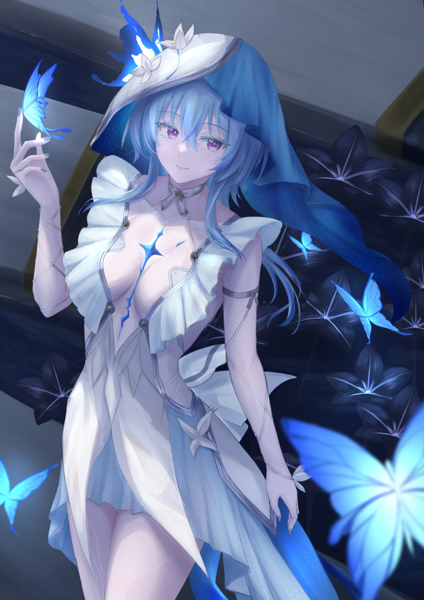 1girl, armlet, black_flower, blake_bloom_(wuthering_waves), blue_butterfly, blue_hair, blue_nails, blue_veil