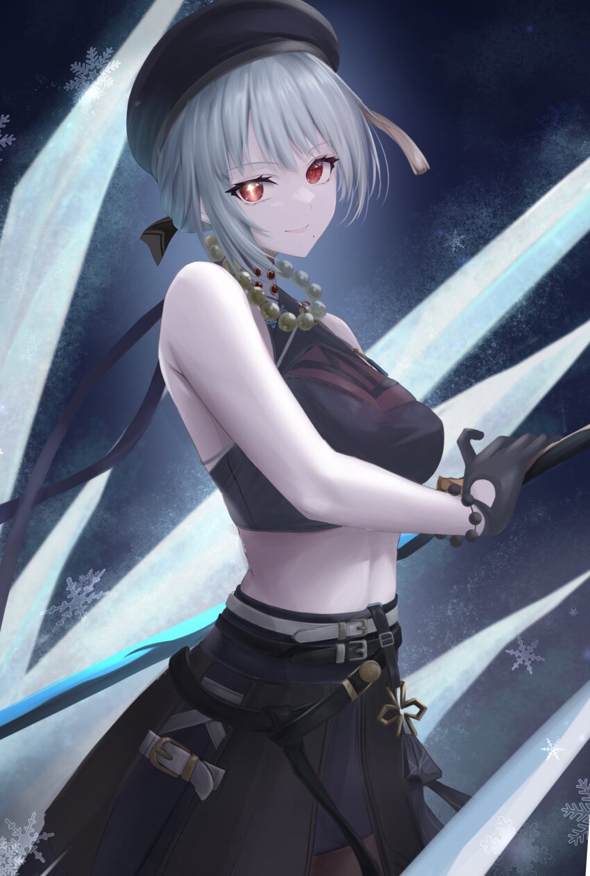 1girl, bare_shoulders, bead_necklace, beads, beret, black_gloves, black_hat, black_ribbon