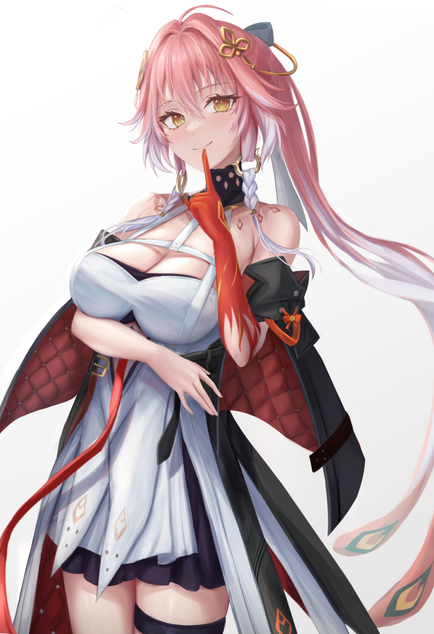 1girl, armpit_crease, bare_shoulders, black_collar, black_jacket, black_sleeves, body_markings, braid