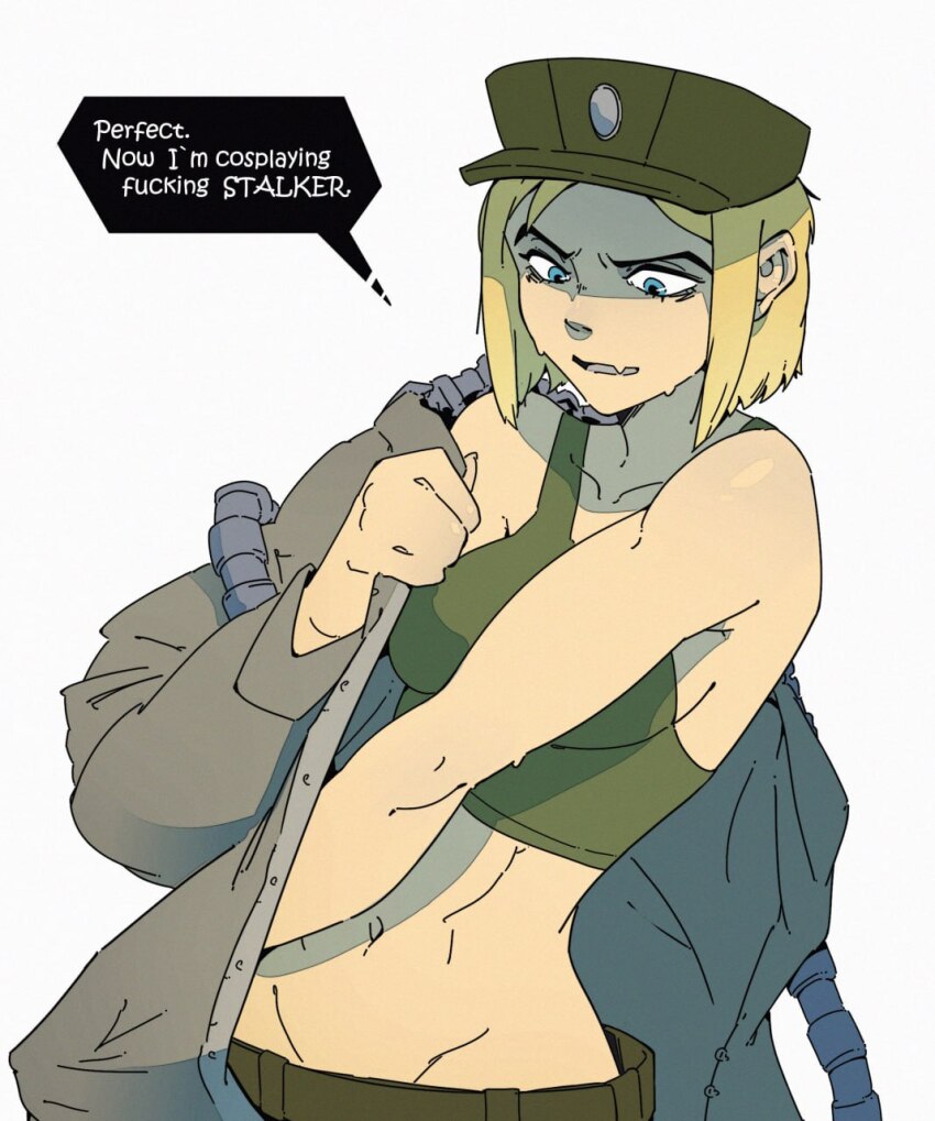 1girl, abs, blonde_hair, blue_eyes, breasts, coat, fang, funkiflame, highres, marichka, mazepynka, medium_breasts, muscular, nazi, panicking, politics, russo-ukrainian_war, short_hair, skin_fang, stalker_(game), sweat, tank_top, tomboy, toned, toned_female, translated