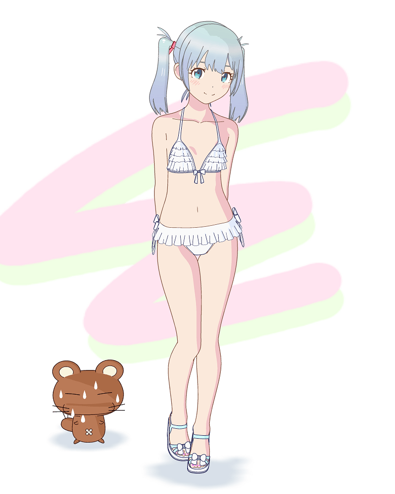 1girl, bikini, blue_eyes, bow, bra, breasts, commentary_request, eromanga_sensei