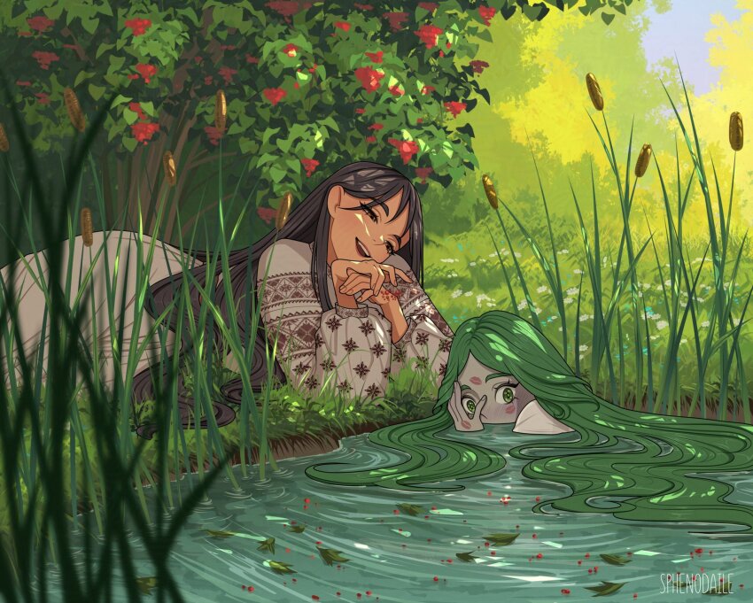 2girls, after_kiss, blush, couple, forest, green_eyes, green_hair, highres