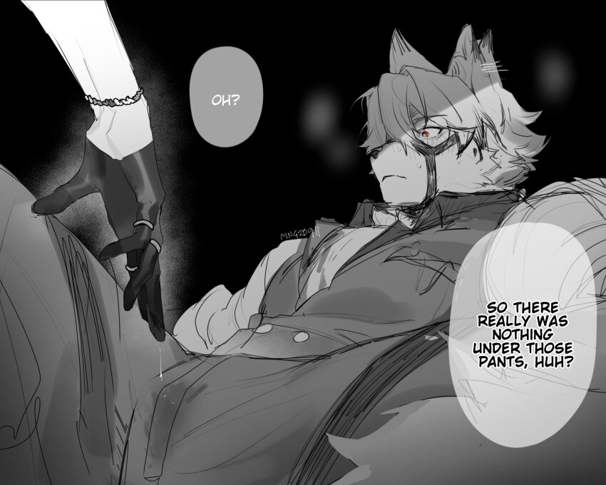 2boys, artist_name, blush, bracelet, closed_mouth, colored_tips, commentary, english_commentary, furry, furry_male, gloves, greyscale, highres, hugo_vlad, jewelry, male_focus, mn420911, monochrome, multicolored_hair, multiple_boys, red_eyes, sweat, vest, von_lycaon, zenless_zone_zero