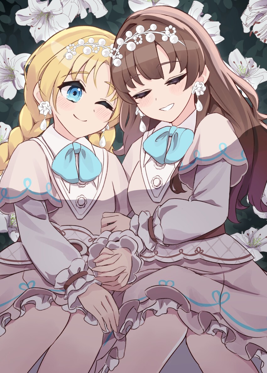 2girls, ;), absurdres, blonde_hair, blue_hair, blush, braid, brown_hair