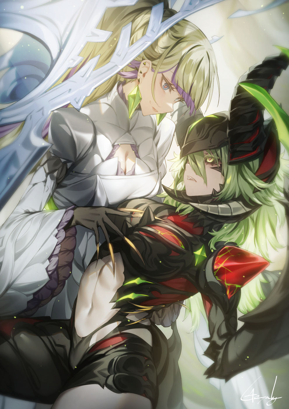 2girls, black_sclera, blonde_hair, blue_eyes, breasts, cleavage, colored_sclera, demon_horns