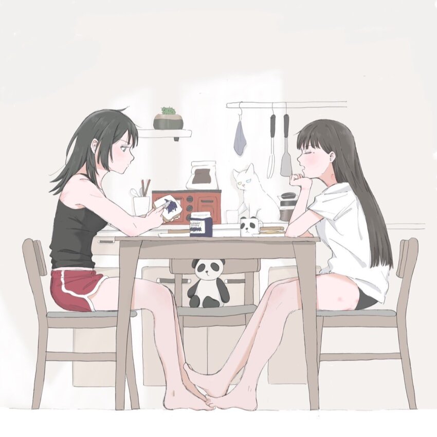 2girls, animalization, bang_dream!, bang_dream!_it's_mygo!!!!!, barefoot, bite_mark, bite_mark_on_neck, black_hair, black_panties, black_tank_top, blue_eyes, cactus, cat, chair, closed_eyes, commentary, cup, dolphin_shorts, food, footsies, hashtag-only_commentary, head_rest, hickey, i_love_lesbian, jam, kaname_raana, kitchen, long_hair, medium_hair, mole, mole_under_eye, mug, multiple_girls, open_mouth, panties, raana_the_cat, red_shorts, shiina_taki, shirt, short_sleeves, shorts, sitting, stuffed_animal, stuffed_panda, stuffed_toy, table, tank_top, underwear, white_shirt, yahata_umiri, yuri