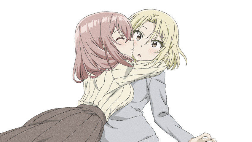 2girls, arms_around_neck, blonde_hair, blue_shirt, blush, breasts, brown_skirt, closed_eyes